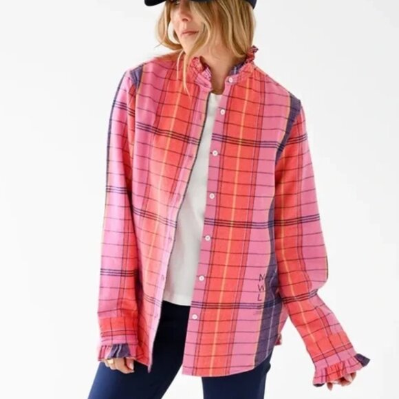 Kerri Rosenthal Mia Ruffle Shirt Cabin Pink Plaid Top Button Down Size M - Picture 1 of 16